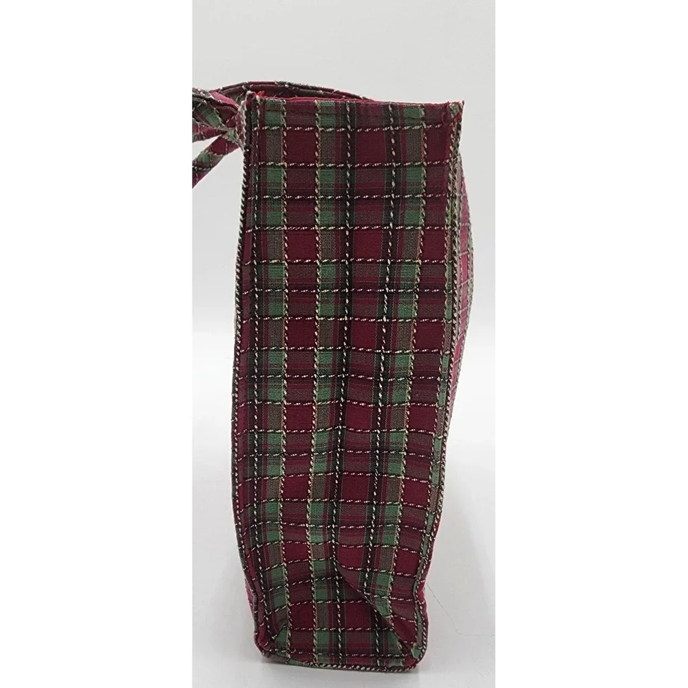 Longaberger Tote Bag Red Green Plaid Snowflake Christmas Holiday Embroidered NEW